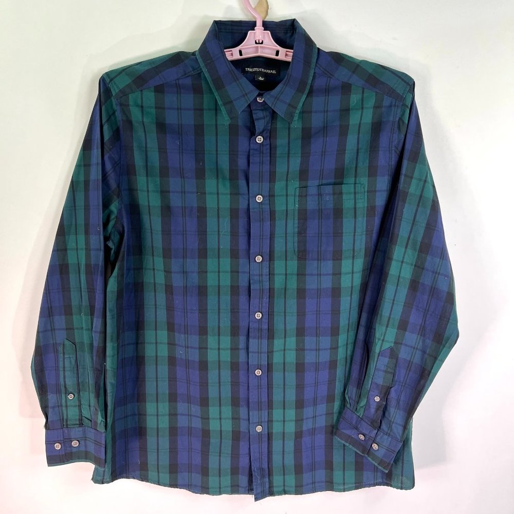 Tricots St Raphael Plaid Button Up Casual Shirt Mens Size L Blue Green